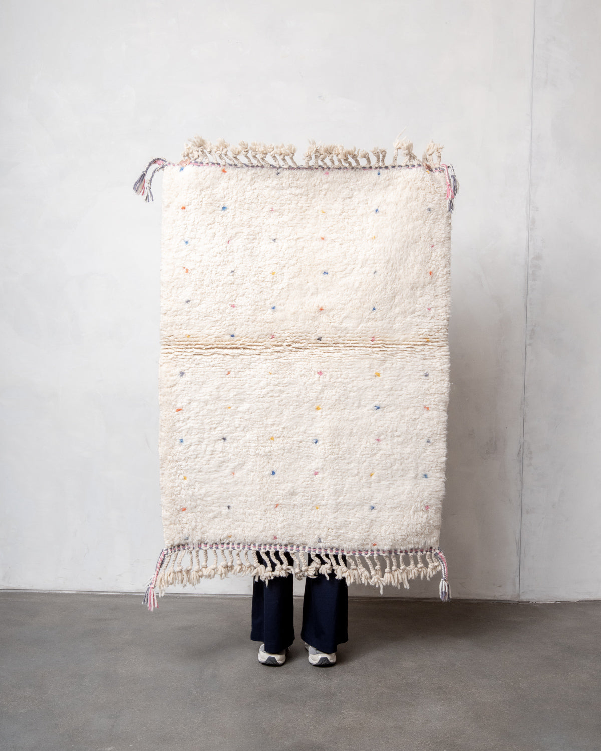 Modern, designer, handcrafted Berber rug from Morocco. Beniourain carpet with beautiful colours and patterns and fluffy wool texture.